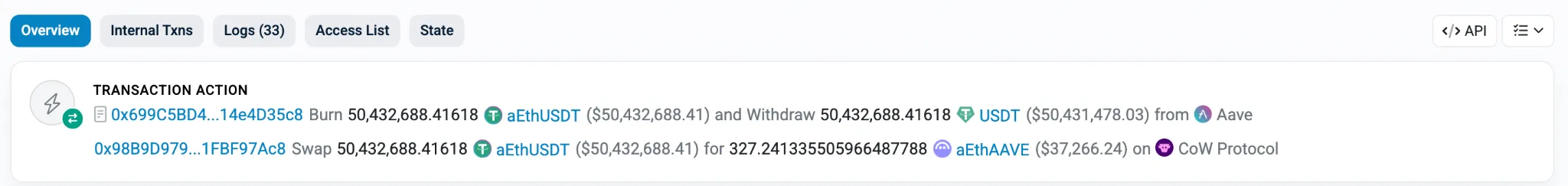 Данные транзакции на Etherscan