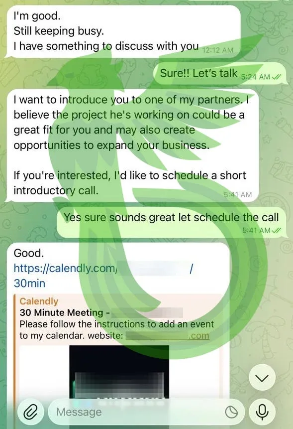 Example of a phishing message sent by Lazarus Group hackers via Telegram