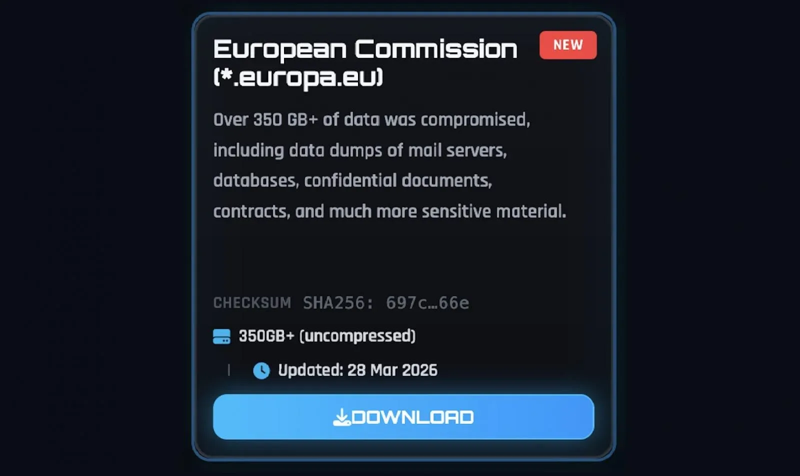 ShinyHunters darknet post about European Commission data breach
